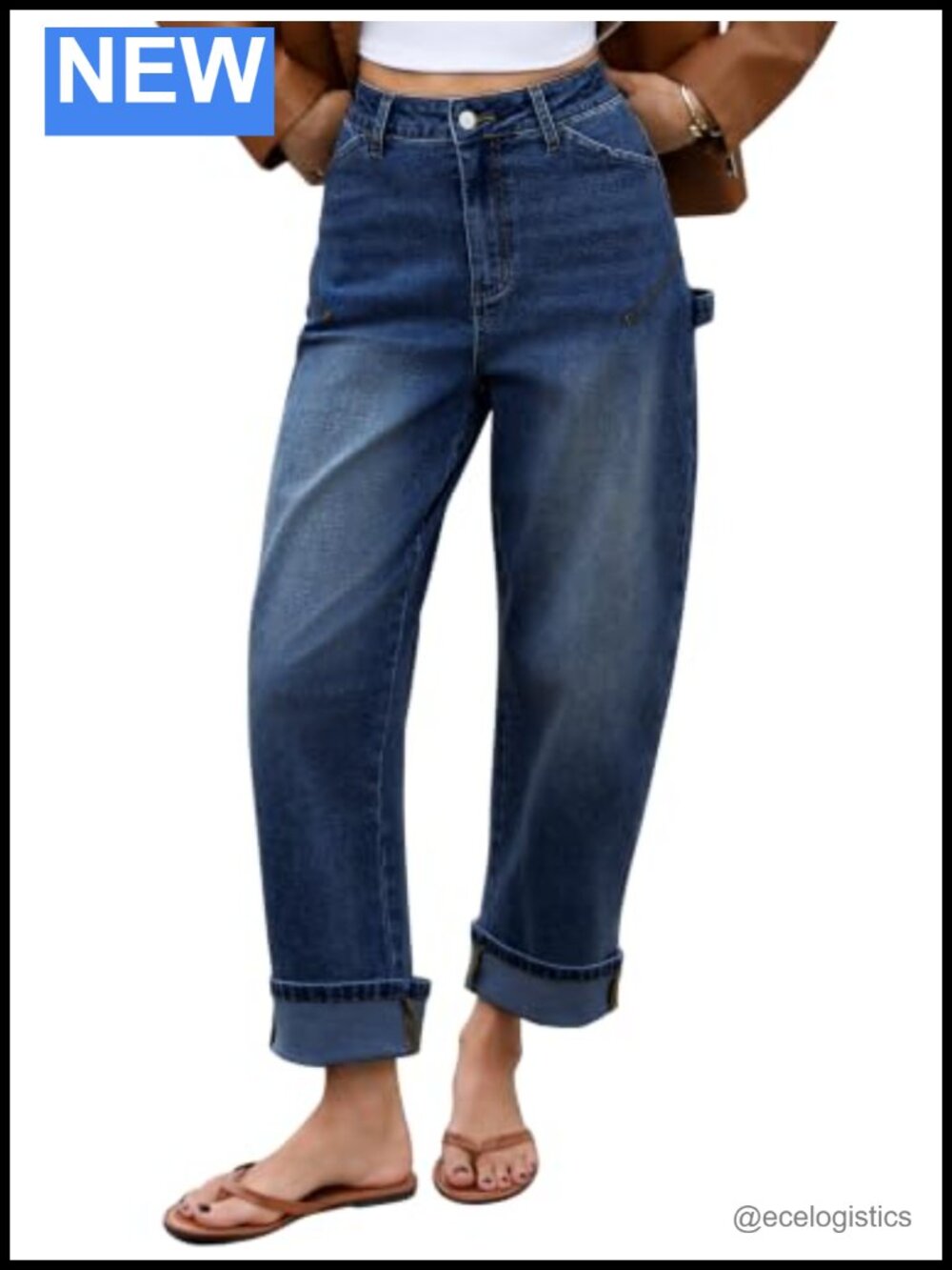 Mid-Rise Roll-Up Barrel Jeans with Pockets - Wide Leg Y2K Trendy Denim